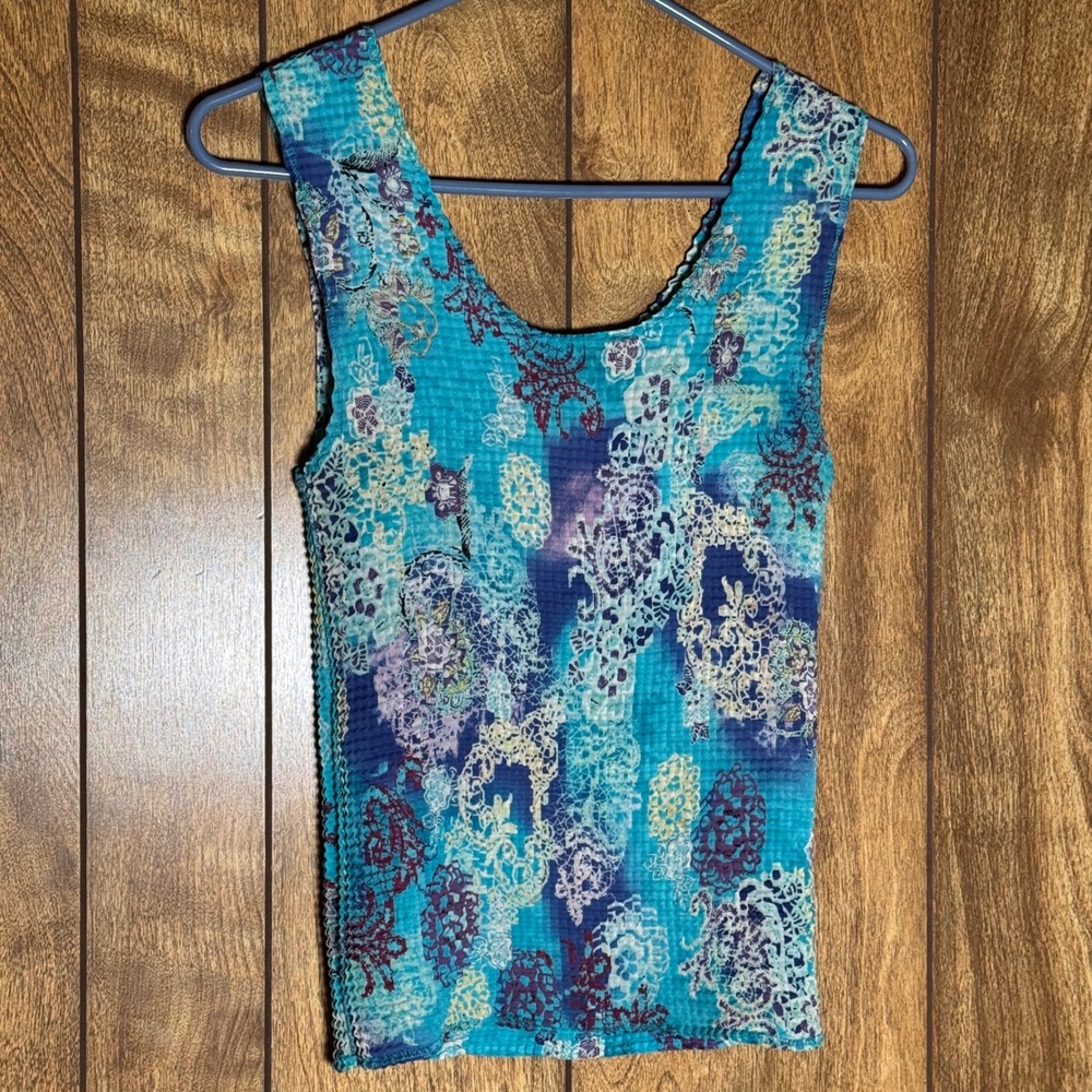 Blue Popcorn Top Sleeveless Tank Floral Abstract Crinkle Stretch Y2K Women Small